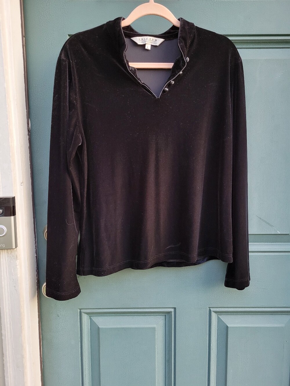 John Richards Womens Black Solid Velet Button Front Long Sleeve Top Size Large